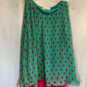 EUC Fashion Classic Green & Pink Polka Dot Pleated Accordion Blouse size Large